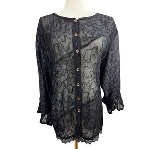 Vintage Y2K Toko Tunic Top Sheer Embroidered Black Button Lace Whimsigoth Fairy